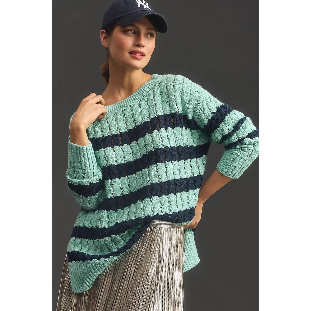 Anthropologie Pilcro Longline Cable Knit Sweater Mint Navy Stripe Women XXS Chic